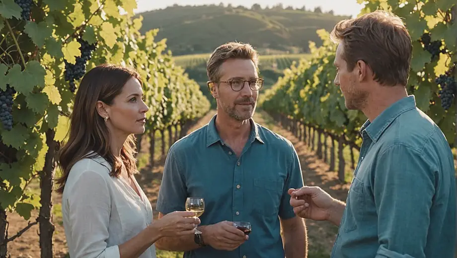 A customer and a vineyard professional discuss grape varieties while standing among lush vines under a clear blue sky.
