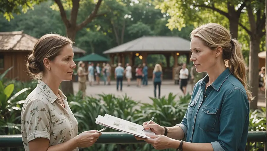 A customer and a professional discuss plans for a new exhibit at the zoo, surrounded by animal enclosures and lush greenery.