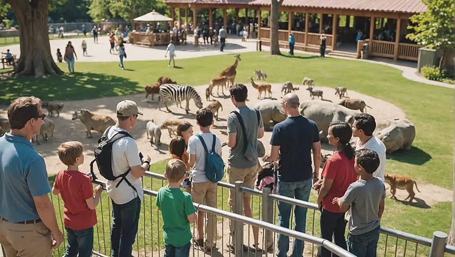 A diverse group of visitors enjoying a sunny day at a zoological park, observing various animals and engaging with interactive exhibits. Families and friends are taking photos and learning about wildlife conservation.