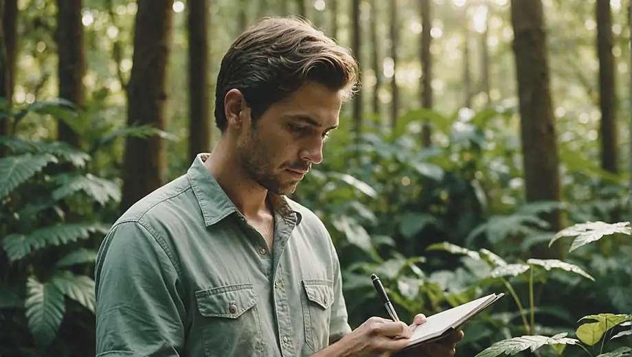 A person stands amidst lush greenery in a wildlife sanctuary, observing the natural habitat and taking notes on the local flora and fauna.