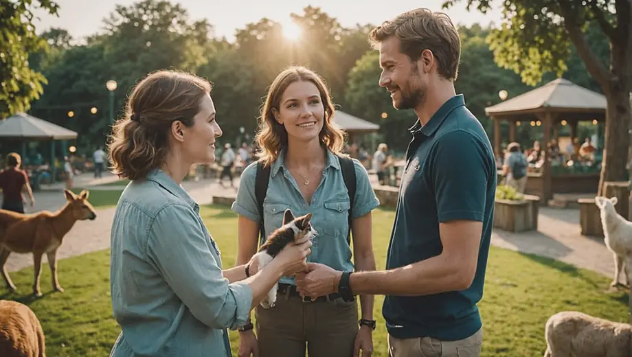 A customer and a professional discuss animal care at an animal park, surrounded by various animals and lush greenery.